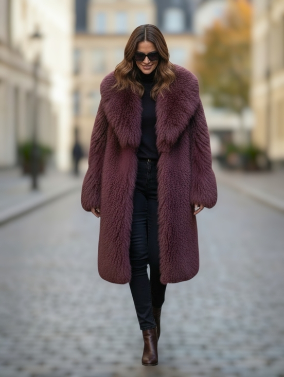 Jackets & Blazers - Genuine Mongolian Lamb Fur Coat - Luxurious Fur (Burgandy/Wine)